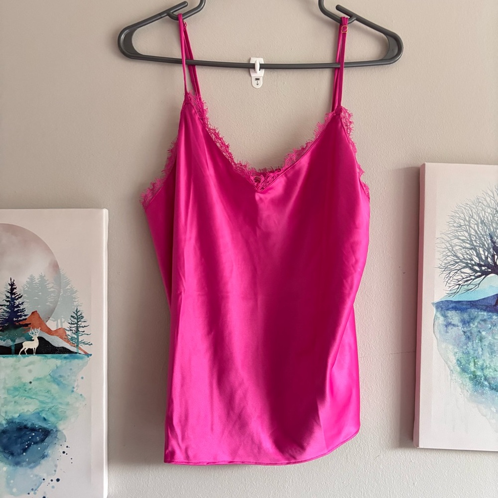Victoria's Secret Hot Pink Satin & Eyelash Lace Camisole Top NWT- Large